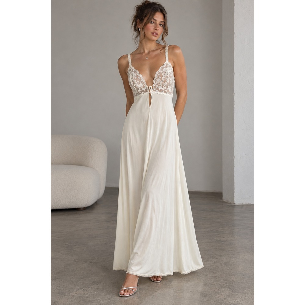 VTG GLYDONS of HOLLYWOOD Sz M Ivory Nylon/Lace Maxi Slip Dress Nightgown Bridal